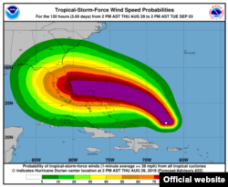 Las probabilidades de velocidad de los vientos en una de las gráficas del parte de las 5 pm del jueves.